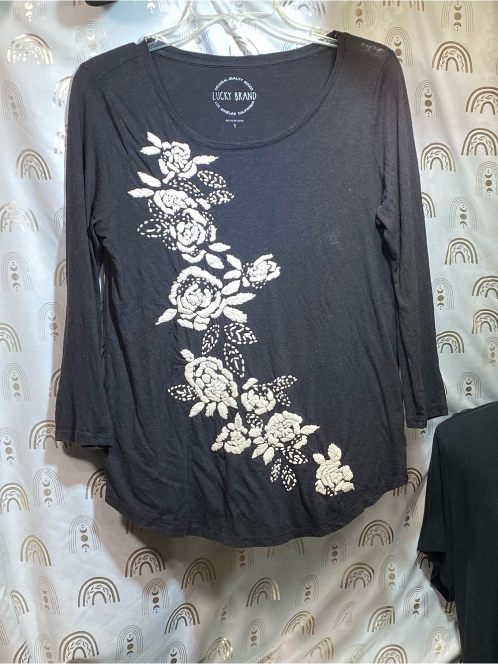 Lucky Brand Black Long-Sleeve Scoop Neck Top with Cream Floral Embroidery